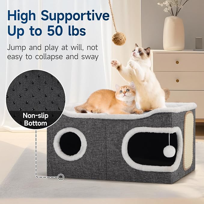 Shikha Cat Beds for Indoor Cats, Extra Wide Cat Cube House for Multi Cats, Foldable Cat Cave Hideaway with Arc-Edge Design & Oval Door, Reversible Cushion for All Seasons, 24"L x 17.7"D x 12.6"H, Grey