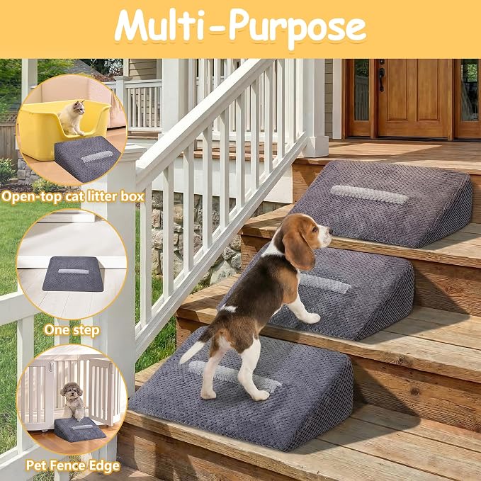 3 Pack Dog Ramp for Stairs with Contrast Color Anti-Slip Strip – Stair Wedges for Small & Senior Dogs and Cats, Gentle Slope Pet Steps with Washable Cover & Self-Sticky Pads