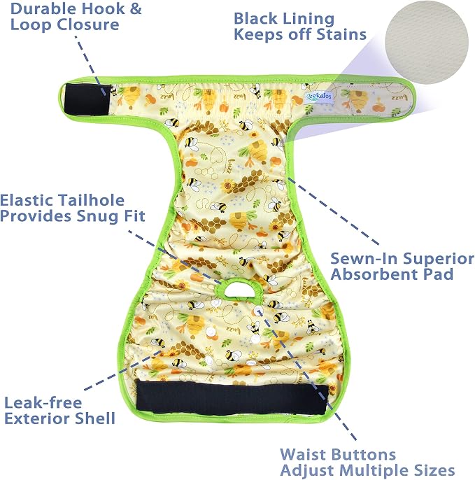 Leekalos Reusable Washable Dog Diapers Female (3 Pack) - Highly Absorbent Doggie Diapers - Size Adjustable Puppy Diapers for Dog Period Panties (XX-Large, Honeybee)