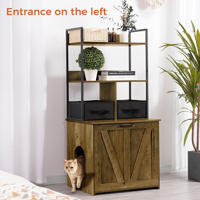 Dwanton Litter Box Enclosure with 2 Storage Shelves and 2 Drawers, 2-in-1 Hidden Cat Litter Box Enclosure Furniture with Shelf, Reversible Entrance, Washable Drawers, 50-Inch, Warm Brown