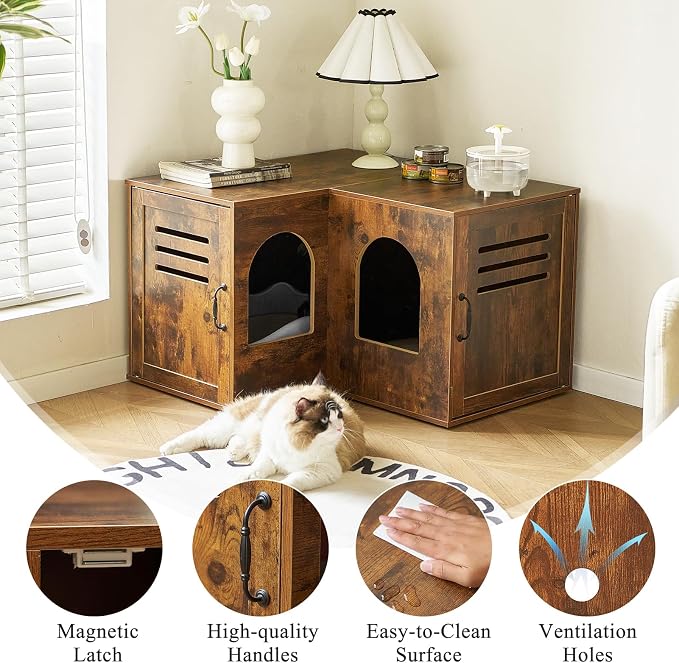 Corner Cat Litter Box Enclosure, 31.5" Hidden Litter Box Furniture for 2 Cats, Indoor Cat House End Table with Double Room, Vintage Brown
