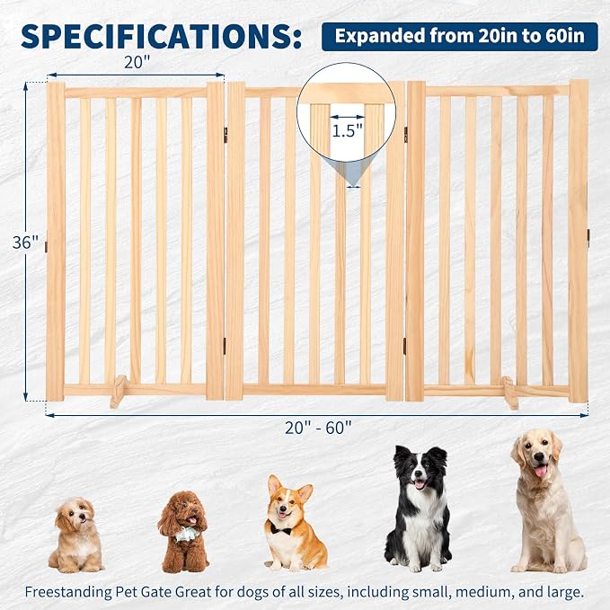 Wooden Freestanding Dog Gate, Foldable Pet Gate with Support Feet, Indoor Dog Fence for The House,Doorways, Stairs，Expandable Pet Fence -3 Panel H:36”