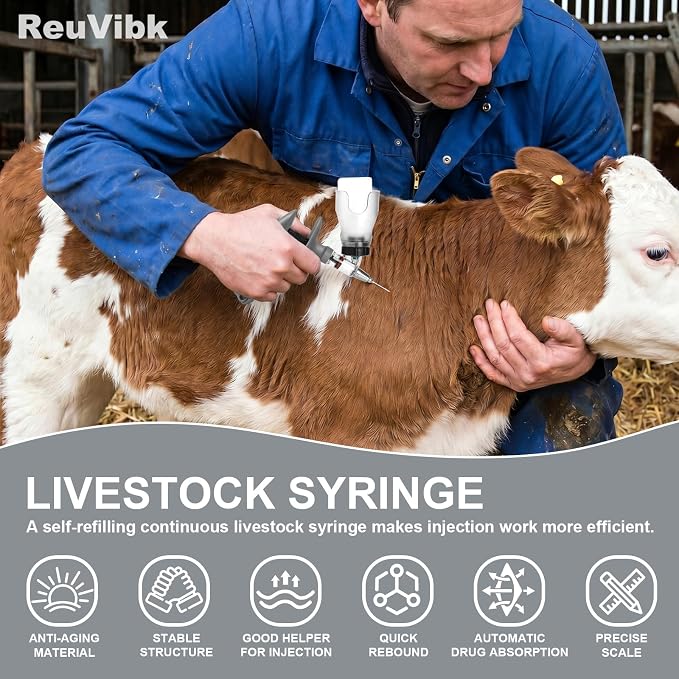 5ML Livestock Syringe Gun, Automatic Self Refill Injection Gun Continuous Adjustable Bottle Attachment Livestock Animal Syringe with 10 Needles, for Chicken, Duck, Pig, Sheep, Cow Poultry (Grey)