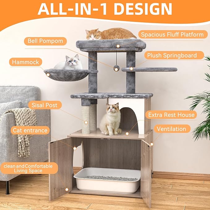HavenlyYouth Litter Box Enclosure with Cat Tree,Cat Tree with Litter Box Enclosure,Hidden Pet Washroom Furniture with Sisal Scratching Post,Hammocks,Condo,Multiple Platform,Soft Plush Perch, Grey