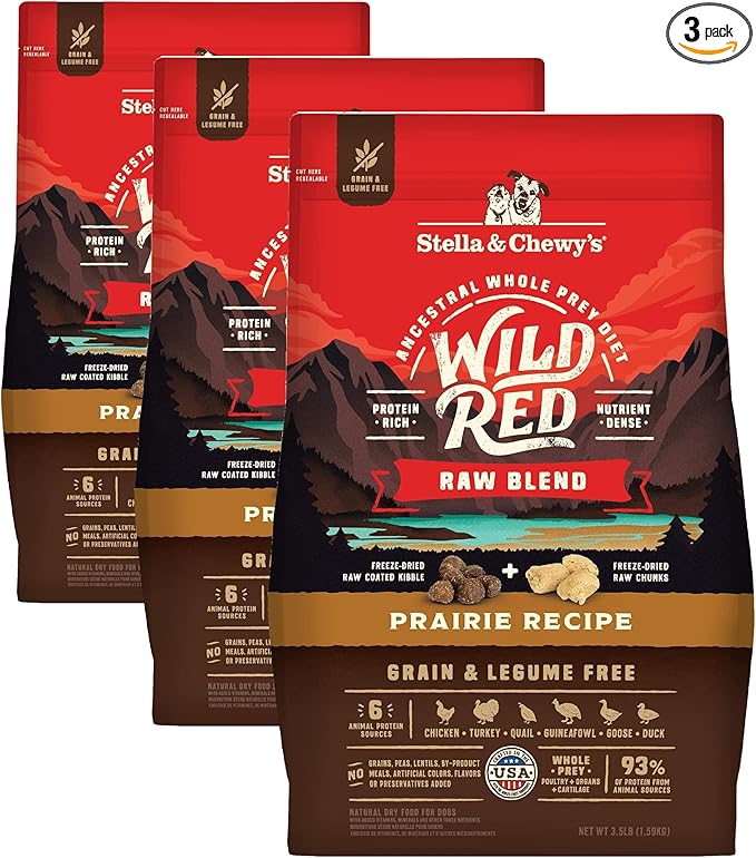 Stella & Chewy's Wild Red Raw Blend Kibble - Premium Freeze-Dried Raw Coated Dog Food - Perfect for Picky Eaters - High Protein Grain Free with 6 Poultry Sources - 3.5lb Bag (Pack of 3)
