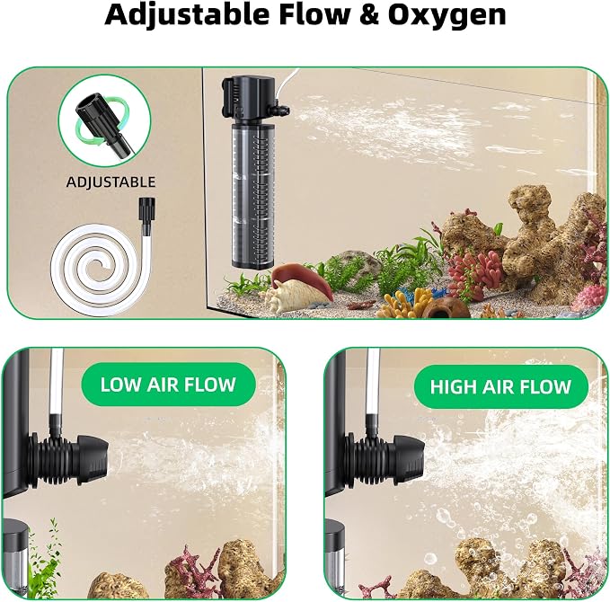FREESEA Aquarium Fish Tank Filter: 5W 132GPH Internal Filter Pump 2-Stage Filtration for 10-35 Gallon Saltwater Betta Turtle Tanks