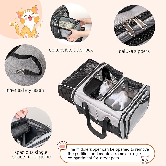 A.FATI Cat Carrier for 2 Cats, Pet Carrier for Multi-Cat Families & Small Dog, Expandable Double Soft Sided Carrier with 2 Litter Boxes, Pet Travel Carrier for Travel, Vet Visits & Home Use