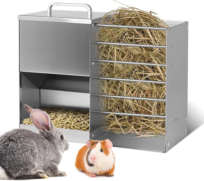 Rabbit Feeder for Cages, 2 in 1 Rabbit Hay Feeder Set, 5L Automatic Rabbit Pellet Feeder and Small Animals Hay Manger for Guinea Pig Chinchilla Bunny
