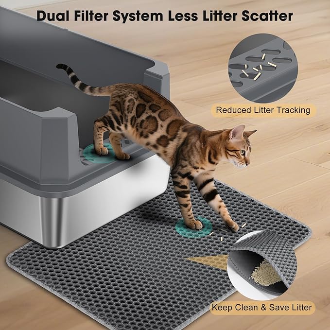 FURTIME Stainless Steel Cat Litter Box, Easy-Clean High-Sided Metal Litter Box, Open-Top Litter Pan for Large Cats, Includes Scoop & Mat, Non-Stick, Anti-Leakage, 23"×15"×10.5"
