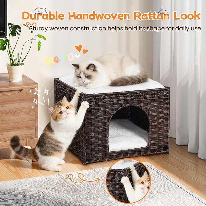 Snughome Handwoven Rattan Cat House - Indoor Foldable Cat Bed Cave with 2 Removable Bed Mats, Large Kitten House, Hideaway Pet Cube, 16.54 x 16.54 x 12.6 Inches, Brown, for Living Room & Bedroom