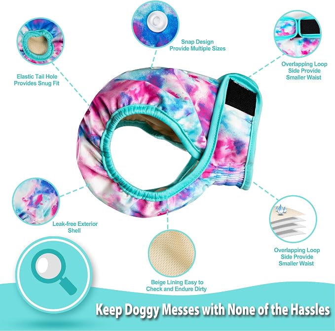 Langsprit Washable Female Dog Diapers (3 Pack) - No Leak Reusable Diapers for Doggy Female in Period - Highly Absorbent Dog Heat Panties with Adjustable Snaps Colourful S Size