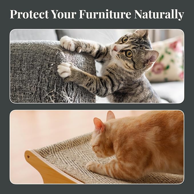 XL Cat Scratcher Bed + Replacement Sisal Pad Bundle – Elevated Cat Hammock Lounge, FSC Bamboo Frame, Natural Sisal Cat Scratcher for Indoor Cats, No-Wobble, Large Cat Bed, Natural Grey