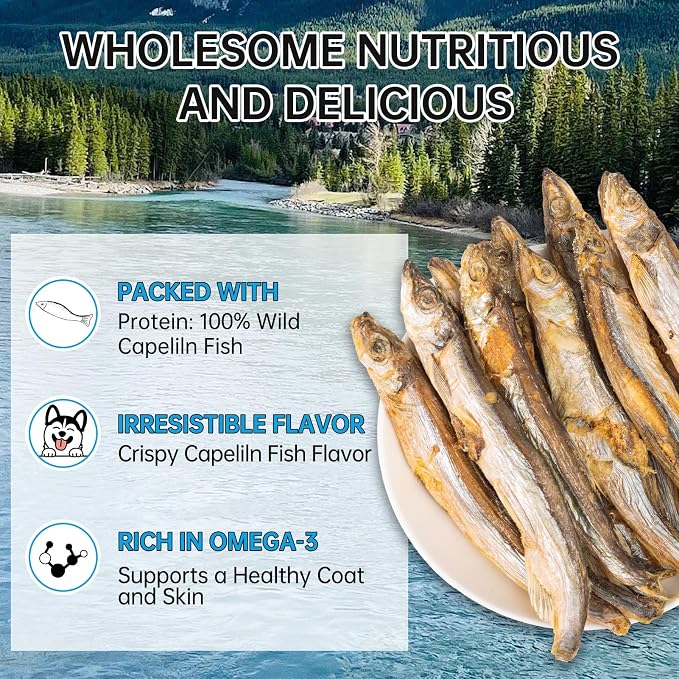 Freeze-Dried Capelin Fish Cat Dog Treats - Single Ingredient Pet Snacks High Protein & Omega-3,Grain-Free, Supports Skin & Joint Health (3.2oz)