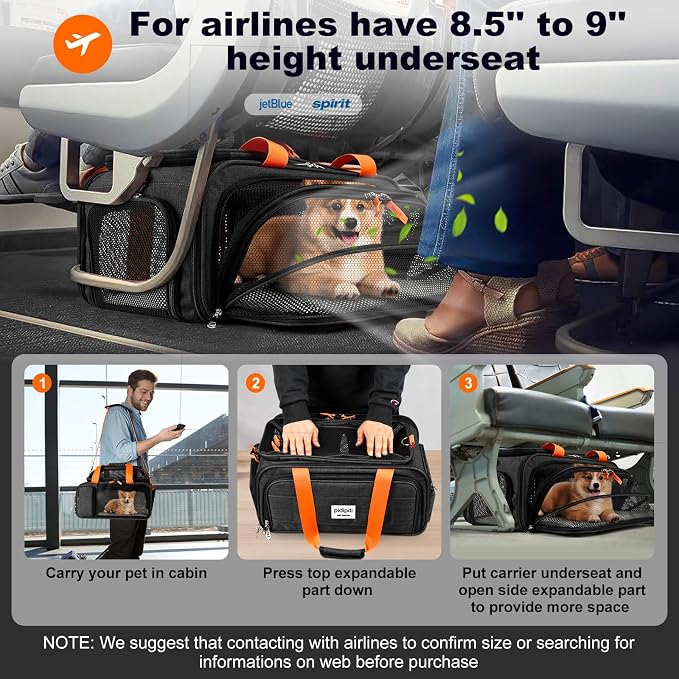 pidipiti 17x12.5x8.5 TSA Approved Expandable pet Carrier for Extra-Small Dog Under 6 lbs,Small-Medium cat Under 8 lbs,for jetblue and Other Airlines only Have 8.5'' Height Space underseat