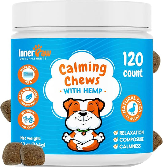 Dog Calming Chews – Natural Calming Aid with Hemp, Chamomile & Passion Flower – Helps Reduce Stress, Anxiety & Hyperactivity – Duck Flavor Soft Chews Made in USA, 120 Count