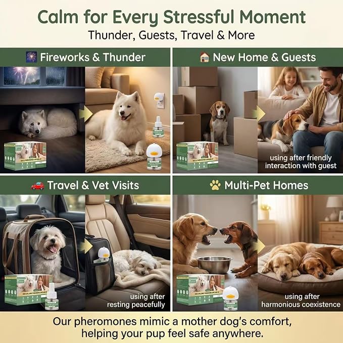 New Upgrade Dog Pheromone Calming Diffuser Kit, Calming Diffuser for Dog (2 Plug-Ins & 4 Refills) for Stress Support, Helps Reduce Barking & Aggression, 120-Day Supply (Non-Toxic, Safe & Inedible)
