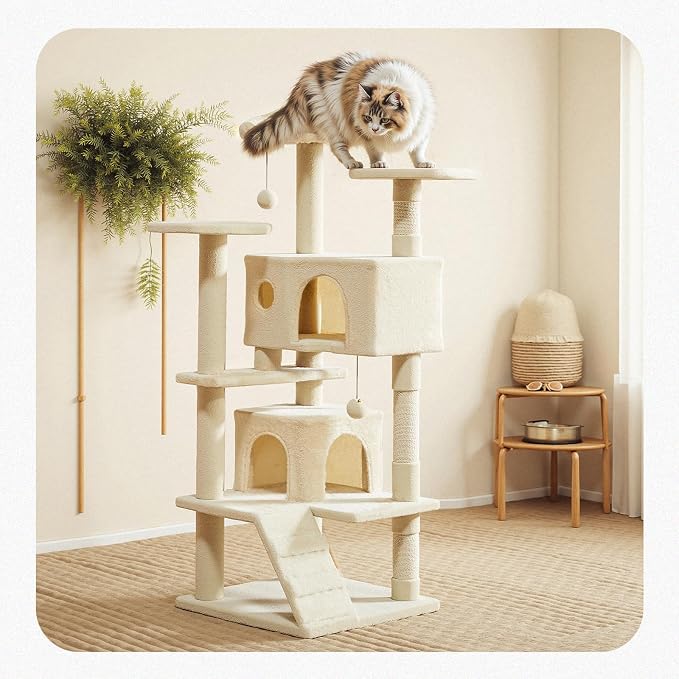 Cat Tree 54 Inch, Multi-Level Cat Tower with Condo, Perches, Sisal Scratching Posts and Climbing Ladder, Pet Play Toy Balls House for Indoor Cats