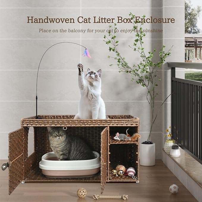 Aesthetic Cat Litter Box Enclosure, Handwoven Rattan Hidden Litter Box Furniture with Extra Mat and Fence, Large Space Litter Box Cover with Divider for Bedroom Living Room Balcony, Brown