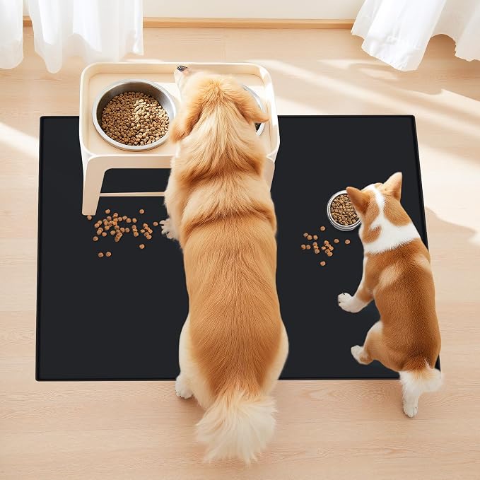 Finorder Dog Silicone Mat for Food and Water,100% Floors Waterproof Pet Feeding Mats Higher Raised Edges 23.6"X19.7"Large Silicone Mat Bpa Free,Placemats for Cats and Dogs,Pet Supplies(Black)
