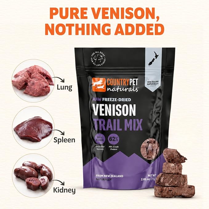 New Zealand Raw Freeze-Dried Venison Lung, Spleen & Kidney 62% Protein Bites 100% Grass-Fed, Premium, Single Ingredient, Grain & Gluten Free Dog Treat & Topper. No crumbling 6-pack