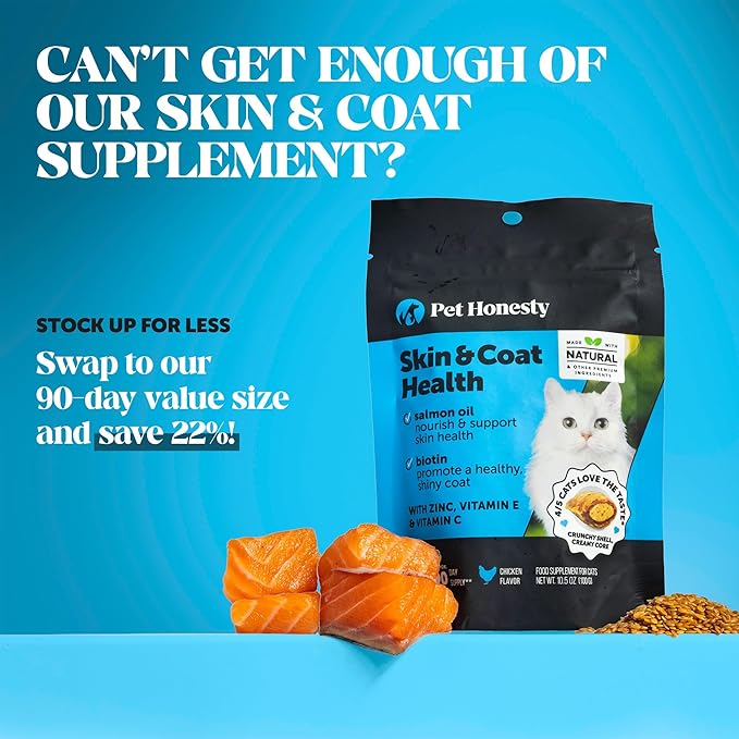 Cat Skin & Coat Supplement Crunchy Creamy Chews - Salmon Oil for Cats Omega 3 Itchy Dry Skin Relief - Feline Shedding Control - Biotin Vitamins for Indoor Cats Shiny Soft Coat (30-Day Supply)