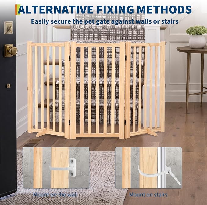 Wooden Freestanding Dog Gate, Foldable Pet Gate with Support Feet, Indoor Dog Fence for The House,Doorways, Stairs，Expandable Pet Fence -3 Panel H:36”
