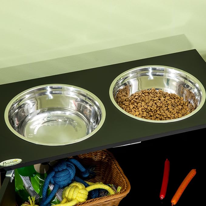 PawHut Large Elevated Dog Bowls with Storage Cabinet Containing Large 44L Capacity, Raised Dog Bowl Stand Pet Food Bowl Pet Feeding Station, Black