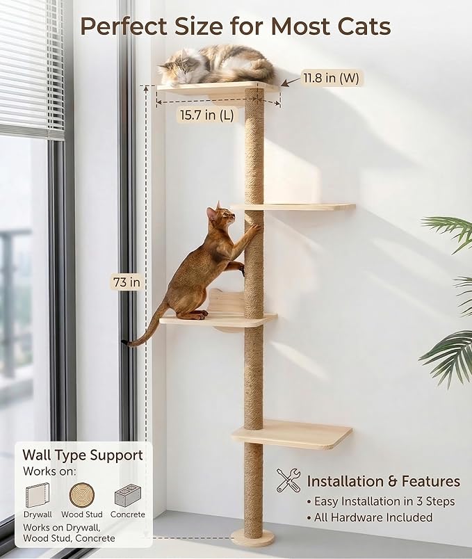 Cat Tree Wall Mounted,Tall Scratching Post for Indoor Cats Climbing Tower Activity Wood Cat Wall Furniture(Wood)