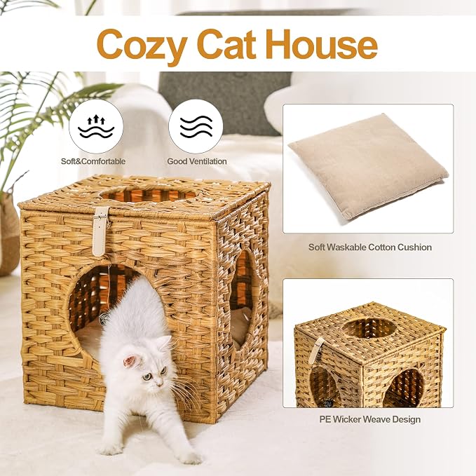 Mewoo Ratten Cat House Condo with Rattan Interactive Hanging Ball Toy *4 & Cotton Cushion, Enclosed Wicker Cat Bed, Wheat