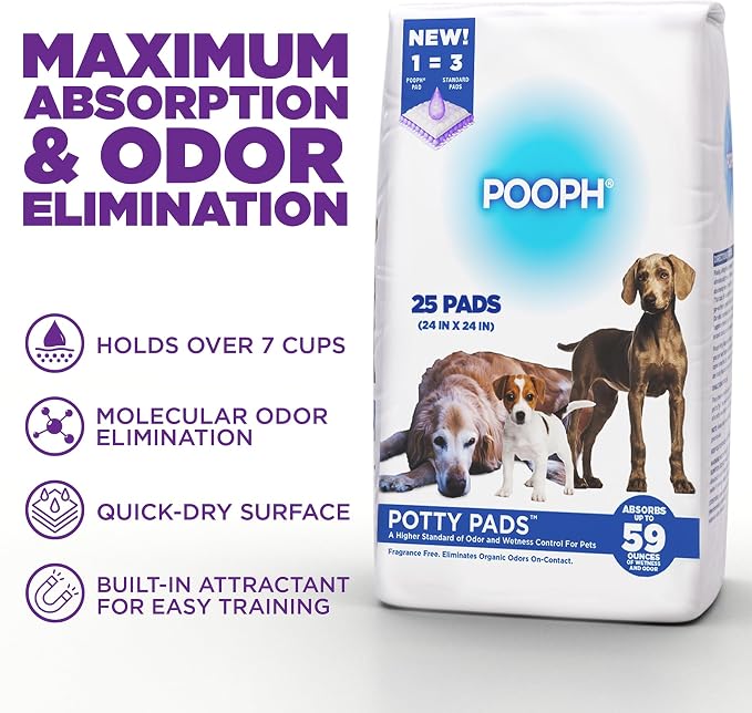 POOPH® Potty Pads™ – 25 Count – Superior Absorbency & Odor Control – Absorbs 59oz, Leak-Proof, Track-Proof, Spill-Proof – Quick-Dry, Disposable, 24x24 Inch – for Puppies, Seniors, Housebound Pets