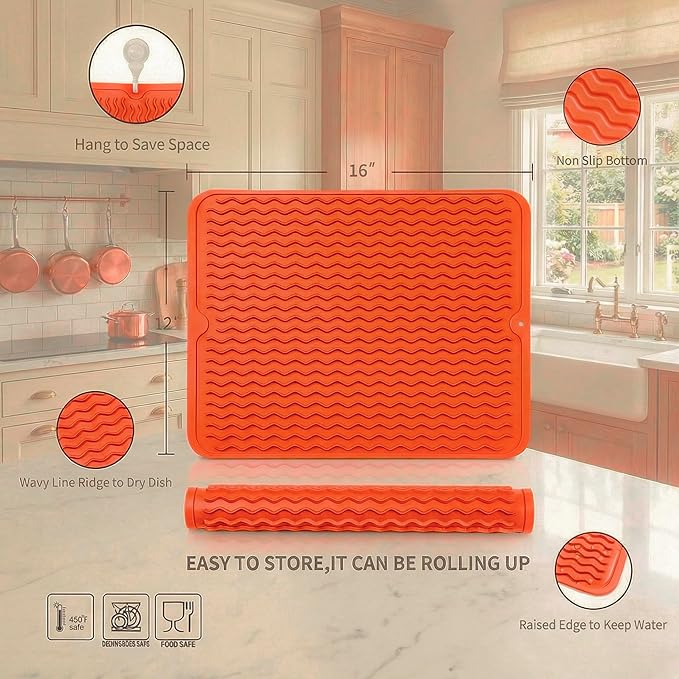 MicoYang Silicone Dish Drying Mat — Quick-Dry Ridges Counter & Sink Pad, Heat-Resistant Trivet to 450°F, Non-Slip & Dishwasher Safe, Roll-Up Storage, 18 Colors & 9 Sizes (Orange, 16"×12")