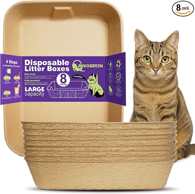 JINVOGREEN Disposable Litter Boxes for Cats, 8 Pack Cat Litter Trays for Travel, Temporary Use, or Liner – Leak-Proof, Eco-Friendly, Easy Clean-Up (16.1" x 12.4" x 3.7")