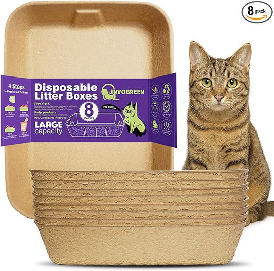 JINVOGREEN Disposable Litter Boxes for Cats, 8 Pack Cat Litter Trays for Travel, Temporary Use, or Liner – Leak-Proof, Eco-Friendly, Easy Clean-Up (16.1" x 12.4" x 3.7")
