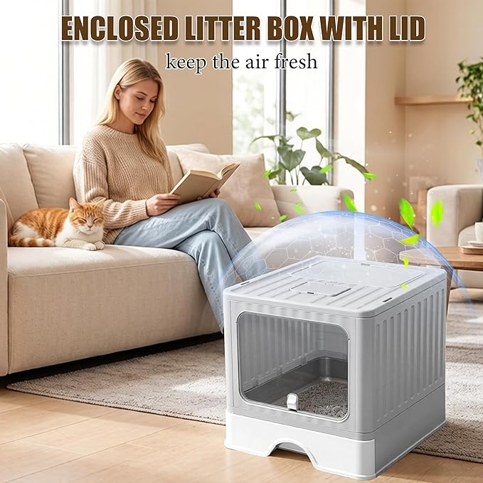 Stainless Steel Cat Litter Box With Lid, Top & Front Entry Enclosed Metal Litter Box, Large Covered Drawer Type Foldable Cat Litter Pan With Litter Scoop & Mat, Easy to Clean,Odor Control (Grey)