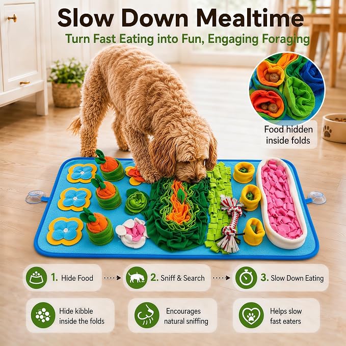 Snuffle Mat for Dogs – Extra Large 32'' x 20'', Washable Slow Feeder Dog Toy, Durable Interactive Dog Puzzle for Mental Stimulation & Nosework Training, with Anti-Slip Suction Cups