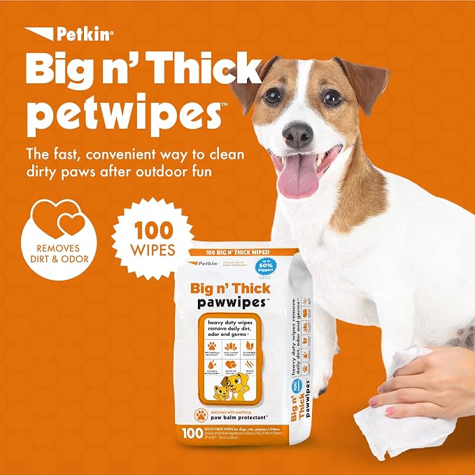 Petkin Big N' Thick Paw Wipes for Dogs, 100 Large Wipes (4 Pack) - Clean Dirty Paws After Walks, with Paw Balm Protectant - Keep Floors and Furniture Clean - Ideal for Home or Travel - Orange Scent
