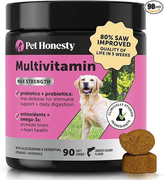Max Strength Dog Multivitamin with Glucosamine & Probiotics - Advanced 15-in-1 Supplement for Hip & Joint Support, Digestive Health, Immune & Heart Care - High Potency Omega-3 Vitamins (Salmon, 90 Ct)