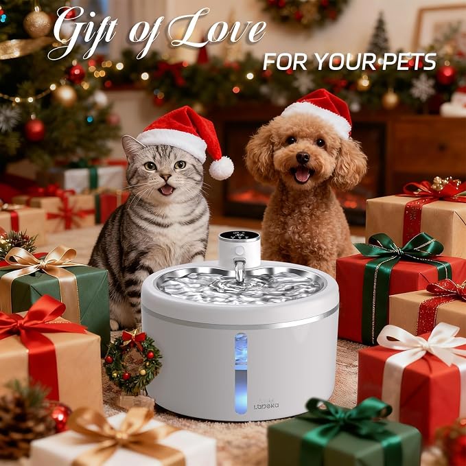 Wireless Cat Water Fountain-[Stainless Steel Tray], 102oz/3L Pet Water Fountain for Cats Inside, Cat Fountain for Drinking with Motion Sensor, Ultra Quiet Pump, Cats & Dogs Gifts (102oz+8Filters)