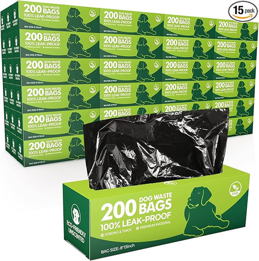 Sherr 15 Boxed Rolls 3000 Counts Dog Poop Bags Bulk Leak Proof Dog Doggy Poop Pet Waste Bags for Puppy Pets Outdoor Walking and Travel