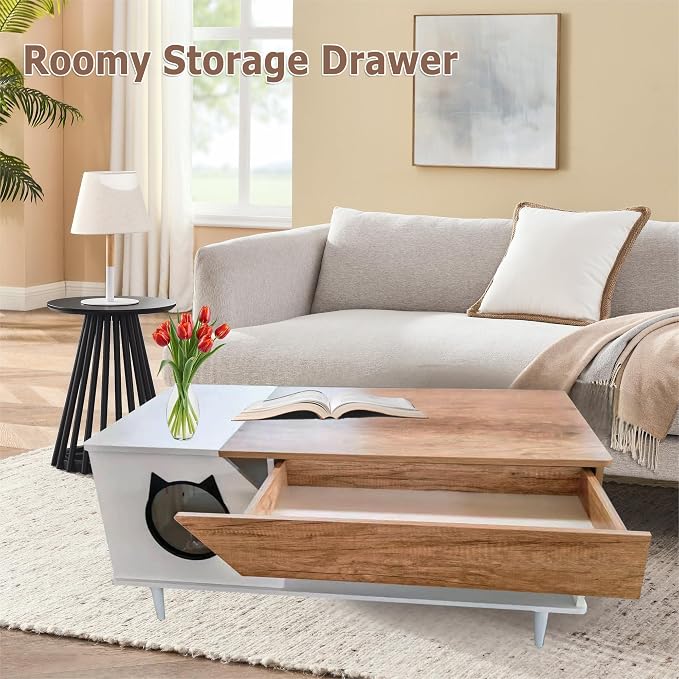 CuisinSmart 45" Cat Coffee Table with Cat House & Storage Drawer, Rustic Wooden Coffee Table, Hidden Litter Box Furniture with Cat Door for Living Room