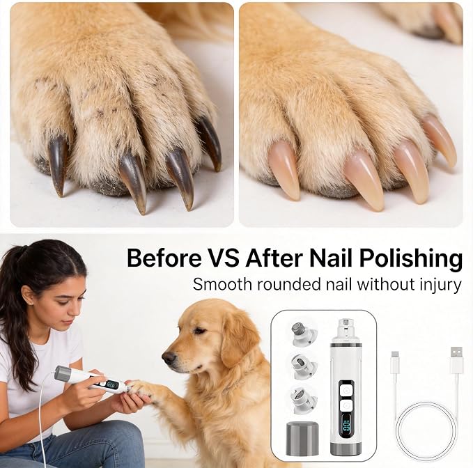 Dog Nail Grinder Quiet- 3-Speed Dog & Cat Nail Grinder with LED Light & Battery Display & Upgrade Grinding Head - Painless Nail Trimmer for Small to Large Pets, Thick Nails, and Sensitive Paws