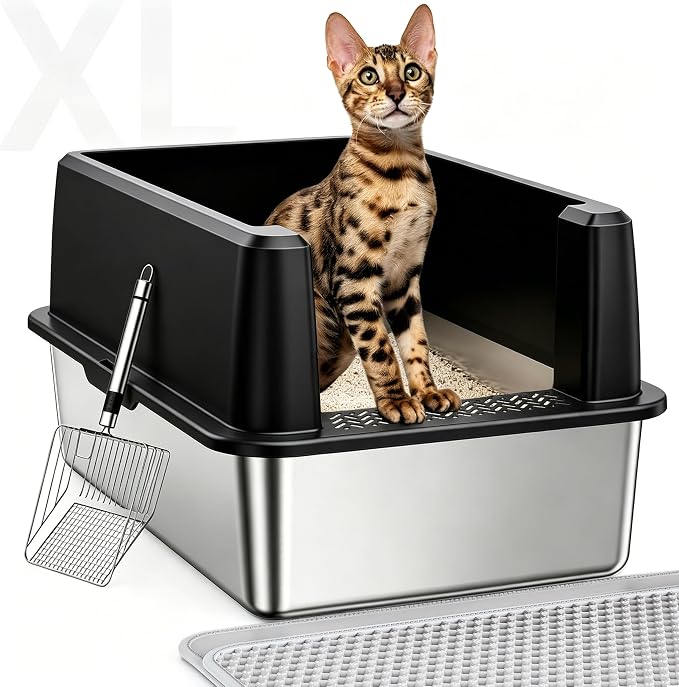 WoofiGo Stainless Steel Cat Litter Box with Lid, XL Extra Large Metal Kitty Litter Box Enclosed for Big Cats, High Sided, Anti-Urine Leakage, Non-Stick Bottom, Include Litter Mat & Metal Scoop (Black)