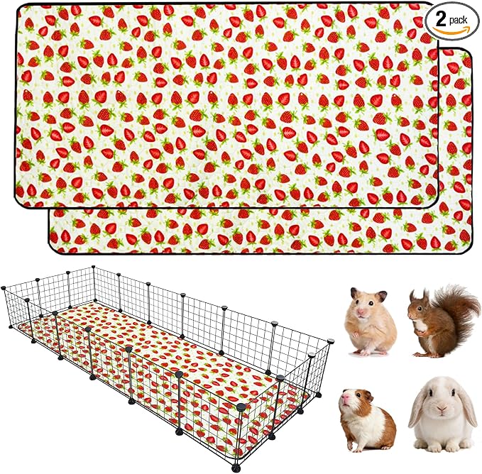 2 Pack Guinea Pig Cage Liners, 36"x 72" Washable Waterproof Bedding for Rabbit, Bunny, Hamster & Small Animals, Reusable Super Absorbent Pee Pads for C&C Cage, Strawberry Print