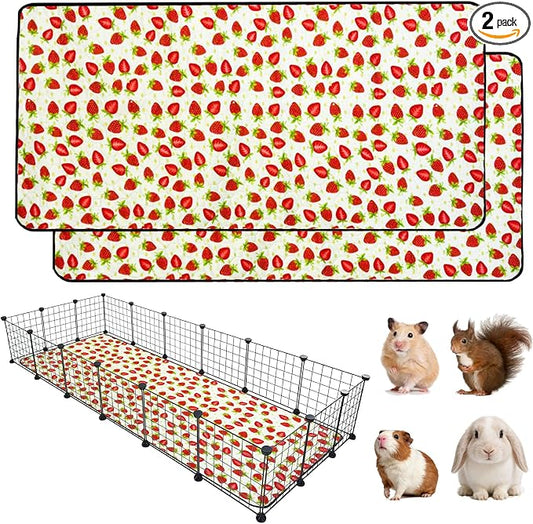2 Pack Guinea Pig Cage Liners, 36"x 72" Washable Waterproof Bedding for Rabbit, Bunny, Hamster & Small Animals, Reusable Super Absorbent Pee Pads for C&C Cage, Strawberry Print