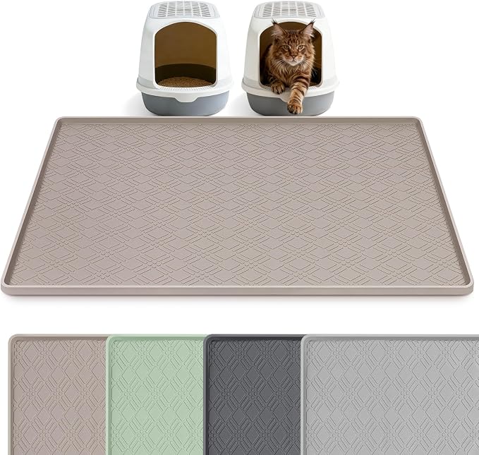 Silicone Cat Litter Mat, 42" x 29" Extra Large Litter Trapping Mat for Litter Box, Leak-Proof, Non-Slip, Kitty Litter Mats with Soft Texture for Floor, Keeping The Floor Clean (Khaki)