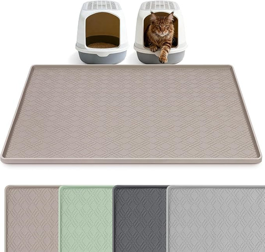 Silicone Cat Litter Mat, 42" x 29" Extra Large Litter Trapping Mat for Litter Box, Leak-Proof, Non-Slip, Kitty Litter Mats with Soft Texture for Floor, Keeping The Floor Clean (Khaki)