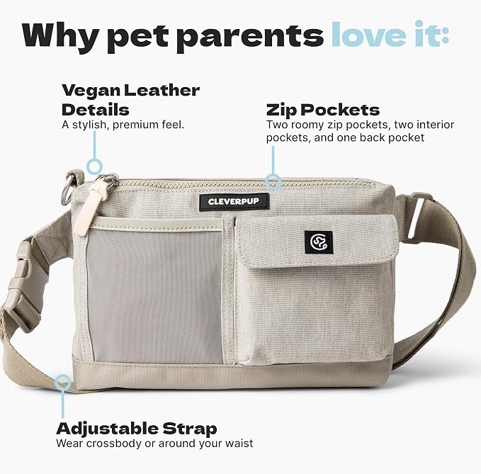 Cleverpup Dog Walk & Train Sling Bag - Hands-Free Dog Walking & Training Bag with Treat Pouch, Poop Bag Holder & Phone Pocket - Crossbody or Fanny Pack, Adjustable Strap - Sand