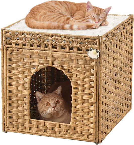 SETVSON Cat Beds for Indoor Cats Extra Large Double Cat Cave Pet Cube, Handwoven Rattan Cat Houses with Double-Sided Soft Cushions, 18.5 x 20.5 x 19.1 Inches Foldable Hideaway in Living Room Natural