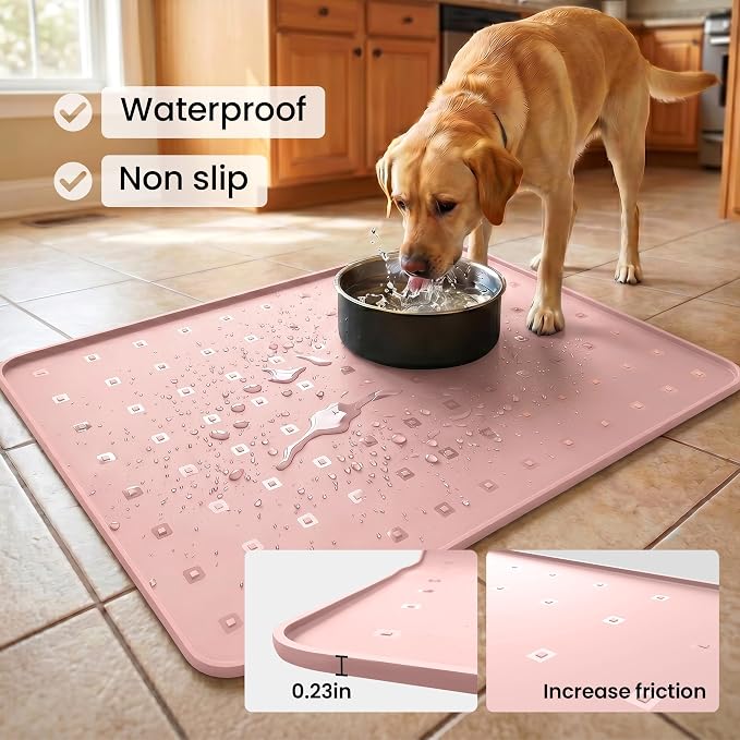 Silicone Pet Feeding Mat, 26x18 Inch Waterproof Dog Bowl Mat – Non-Slip, Machine Washable, Thin 0.28 Inch Edge for Messy Eaters, Protects Hardwood & Tile Floors, Pink