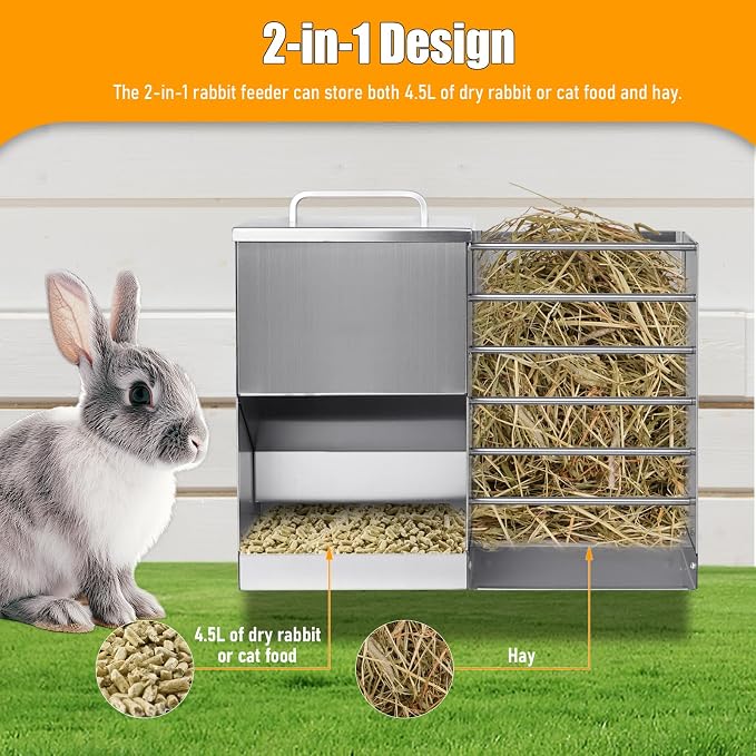 Rabbit Feeder for Cages, 2 in 1 Rabbit Hay Feeder Set, 5L Automatic Rabbit Pellet Feeder and Small Animals Hay Manger for Guinea Pig Chinchilla Bunny